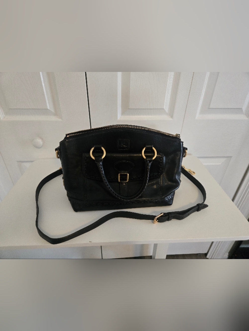 Dooney & Bourke Black Leather Shoulder Satchel with Gold Hardware - Picture 2 of 16
